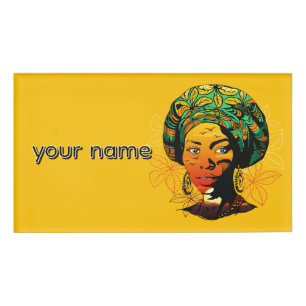 African Woman Portrait with Sunset Name Tag