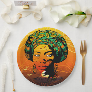 African Woman Portrait with Sunset Paper Plate