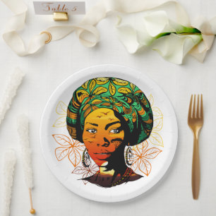 African Woman Portrait with Sunset Paper Plate