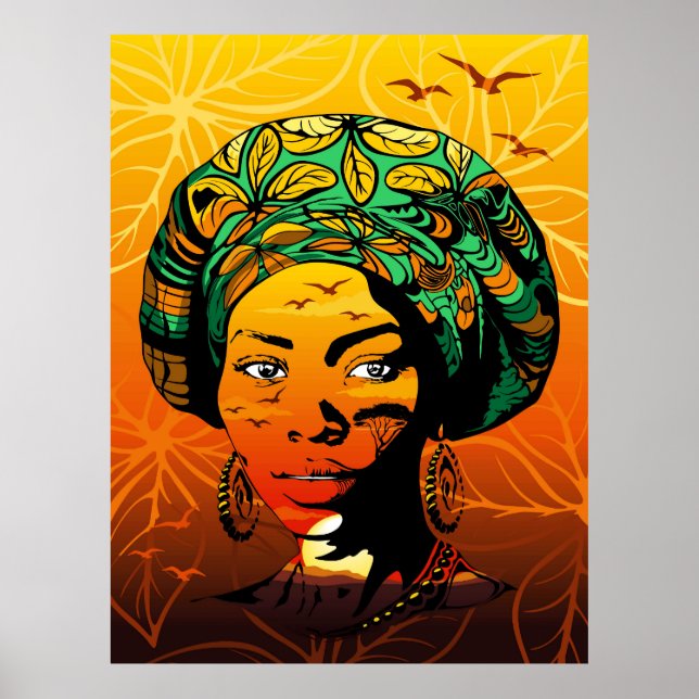African Woman Portrait with Sunset Poster (Front)