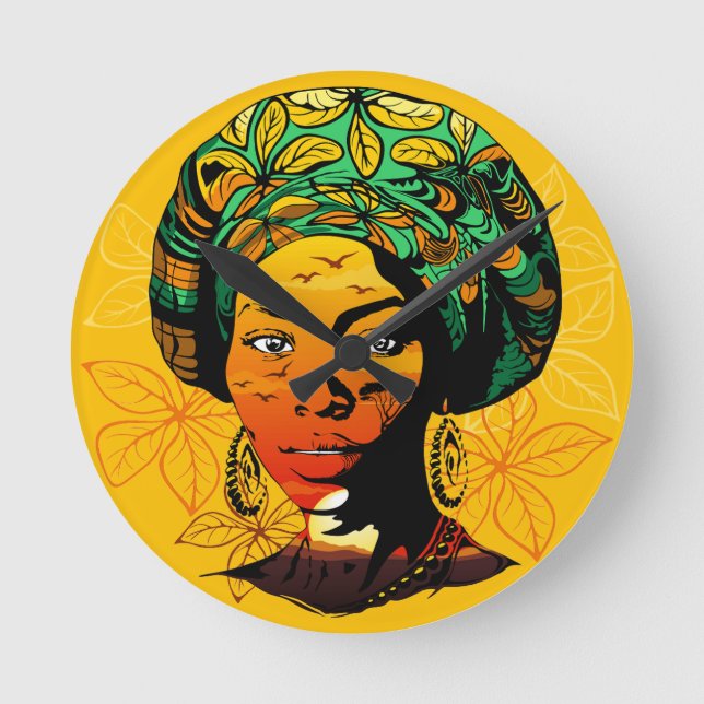 African Woman Portrait with Sunset Round Clock (Front)