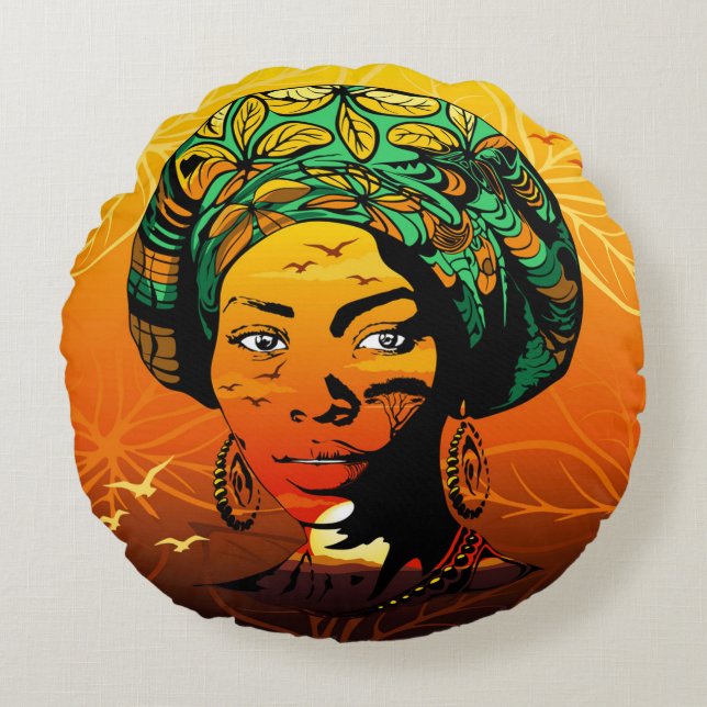 African Woman Portrait with Sunset Round Cushion (Front)