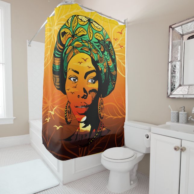 African Woman Portrait with Sunset Shower Curtain (In Situ)