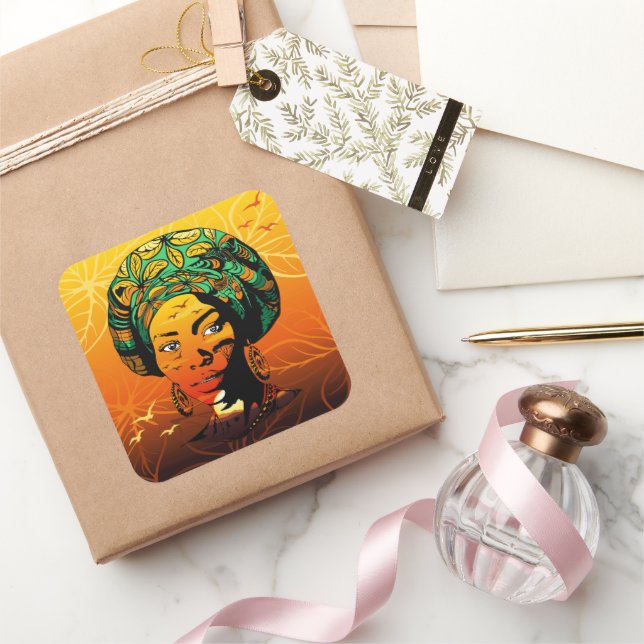 African Woman Portrait with Sunset Square Sticker (Gifting)