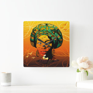 African Woman Portrait with Sunset Square Wall Clock