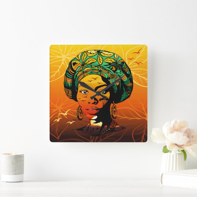 African Woman Portrait with Sunset Square Wall Clock (Home)