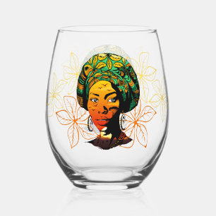 African Woman Portrait with Sunset Stemless Wine Glass