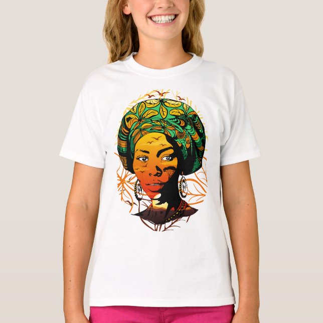 African Woman Portrait with Sunset T-Shirt (Front)