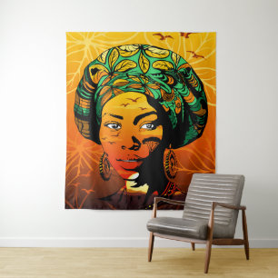 African Woman Portrait with Sunset Tapestry