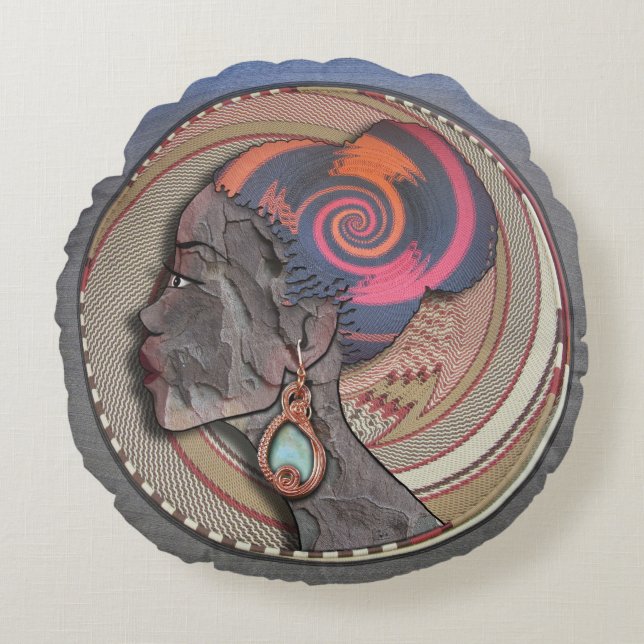 African woman profile on a woven basket round cushion (Front)
