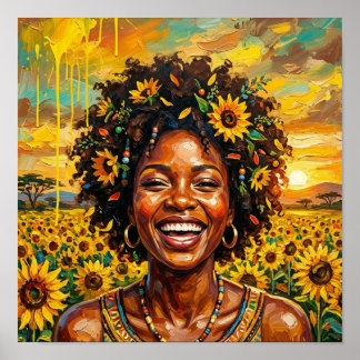 African Woman Sunflower Art, Black Woman Wall Art