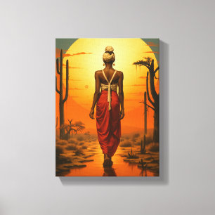 African Woman Walking in Desert Sunset Landscape Canvas Print