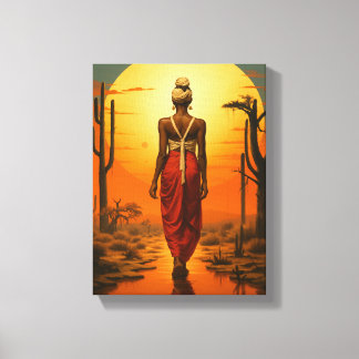 African Woman Walking in Desert Sunset Landscape Canvas Print