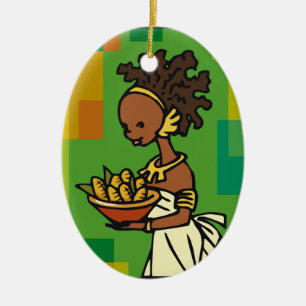 African Woman with bowl of Corn Ceramic Tree Decoration