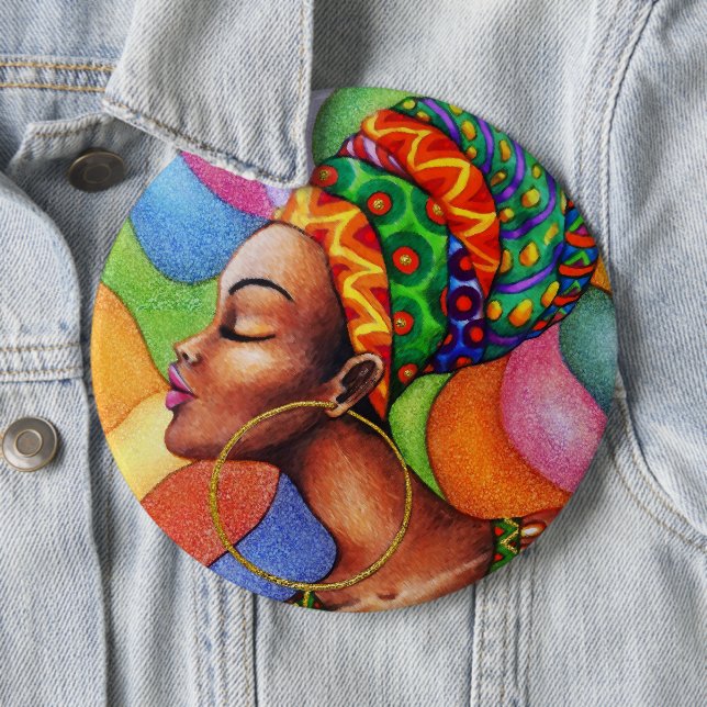 African Woman with Wax Traditional Fabric 6 Cm Round Badge (In Situ)