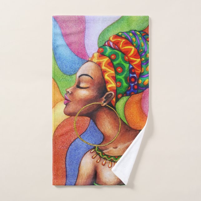African Woman with Wax Traditional Fabric Bath Towel Set (Hand Towel)