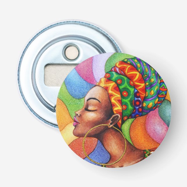 African Woman with Wax Traditional Fabric Bottle Opener (Front)