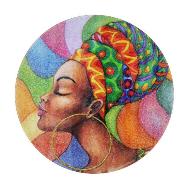 African Woman with Wax Traditional Fabric Cutting Board (Front)