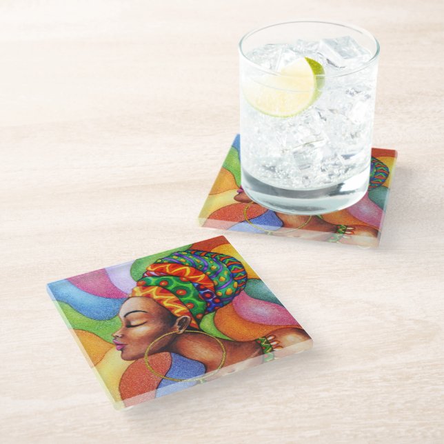 African Woman with Wax Traditional Fabric Glass Coaster (Angled)