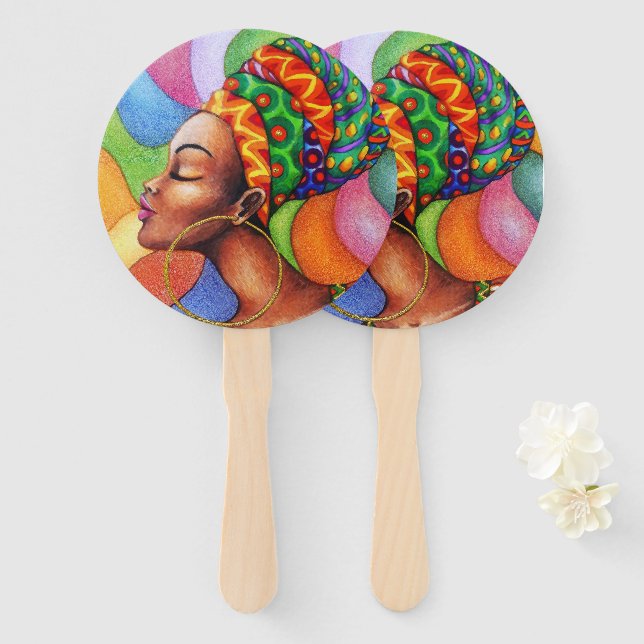 African Woman with Wax Traditional Fabric Hand Fan (Front and Back)