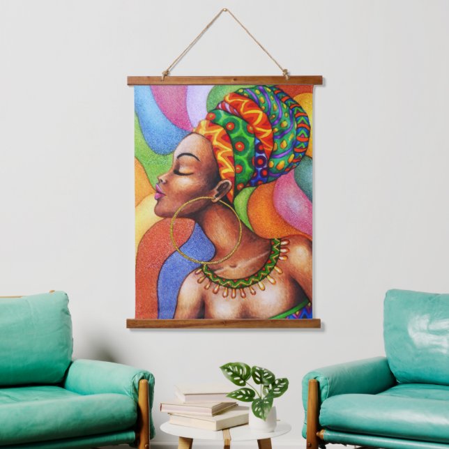 African Woman with Wax Traditional Fabric Hanging Tapestry (Living Room)