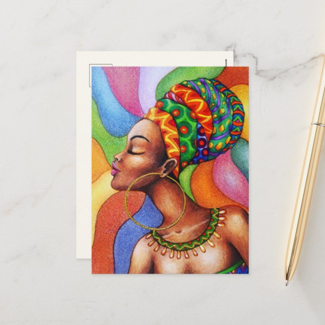 African Woman with Wax Traditional Fabric Holiday Postcard (Front/Back In Situ)
