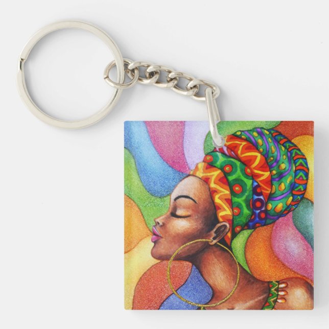 African Woman with Wax Traditional Fabric Key Ring (Front)