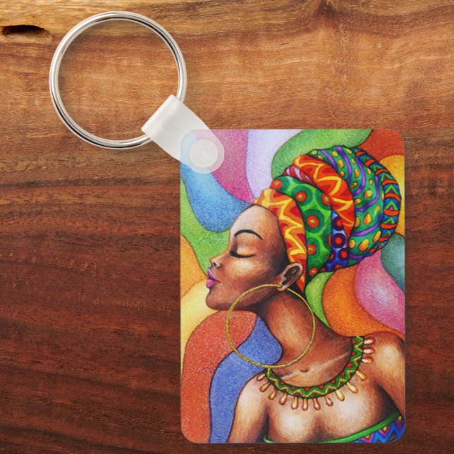 African Woman with Wax Traditional Fabric Key Ring (Front)
