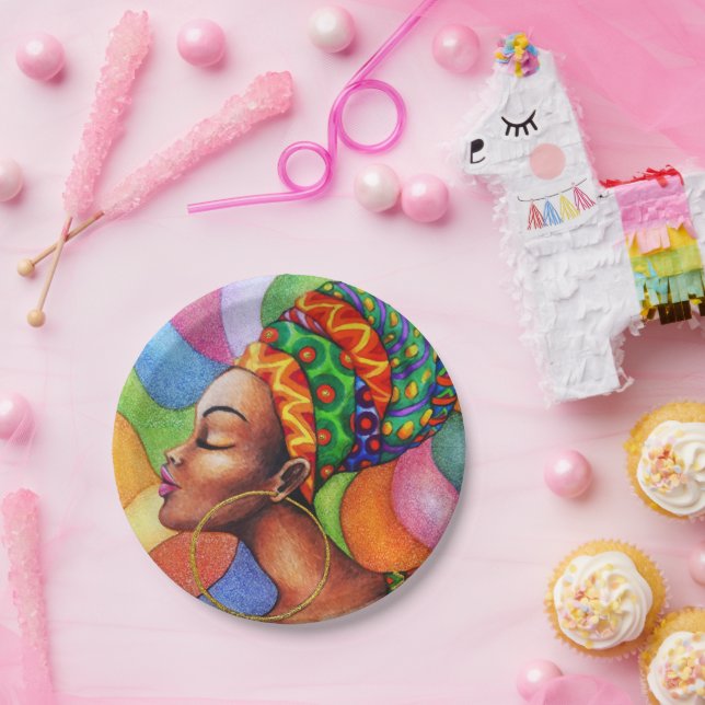 African Woman with Wax Traditional Fabric Paper Plate (Party)