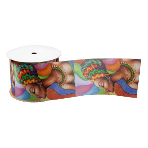 African Woman with Wax Traditional Fabric Satin Ribbon