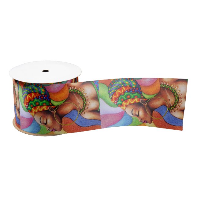 African Woman with Wax Traditional Fabric Satin Ribbon (Spool)