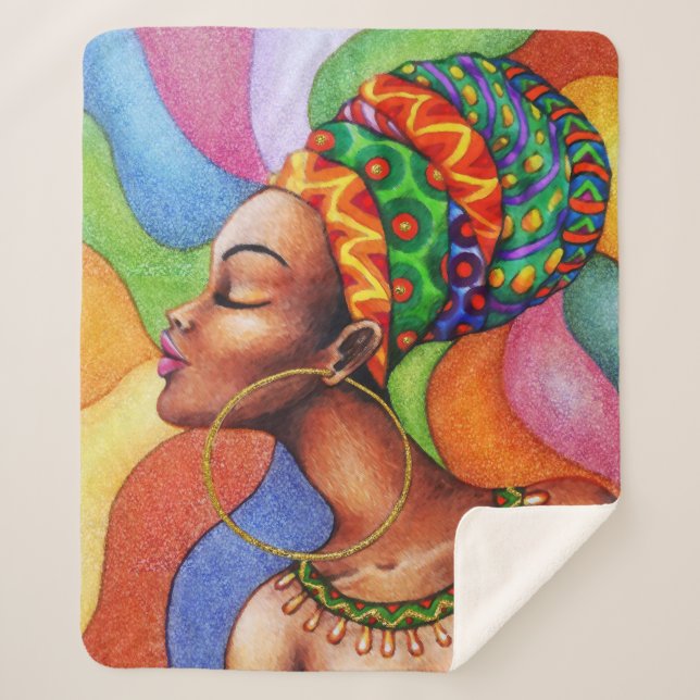 African Woman with Wax Traditional Fabric Sherpa Blanket (Front)