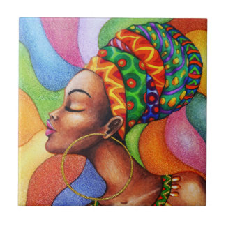 African Woman with Wax Traditional Fabric Tile