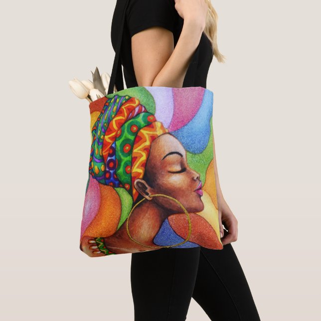 African Woman with Wax Traditional Fabric Tote Bag (Close Up)