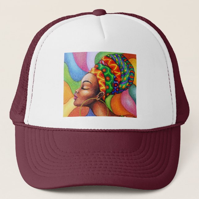 African Woman with Wax Traditional Fabric Trucker Hat (Front)