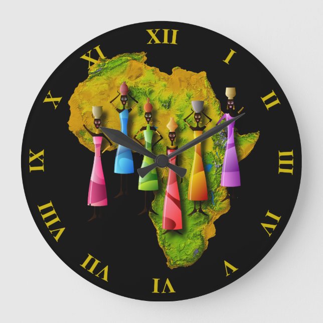 African Women In Colourful Dresses On Africa Map Large Clock (Front)