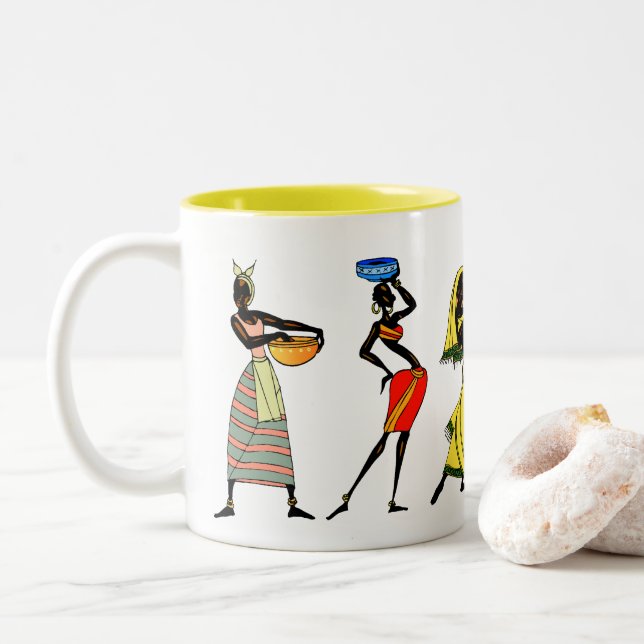 African  Women Tribal Life Your Background Colour Two-Tone Coffee Mug (With Donut)