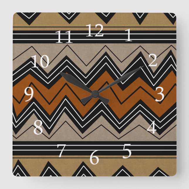 African Zigzags and White Numbers Square Wall Clock (Front)