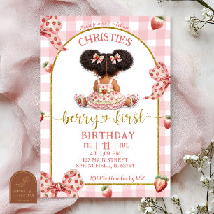 afro african Girl Pink Bow strawberry berry first  Invitation