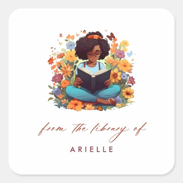 Afro American Girl Floral Library  Bookplates Square Sticker (Front)