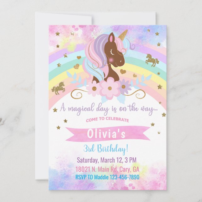 Afro American Unicorn girl birthday invitation. Invitation (Front)