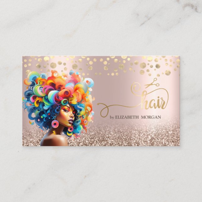 Afro American Woman Colourful Hair Scissors Business Card (Front)