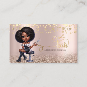 Afro American Woman Scissors Rose Gold Glitter Business Card