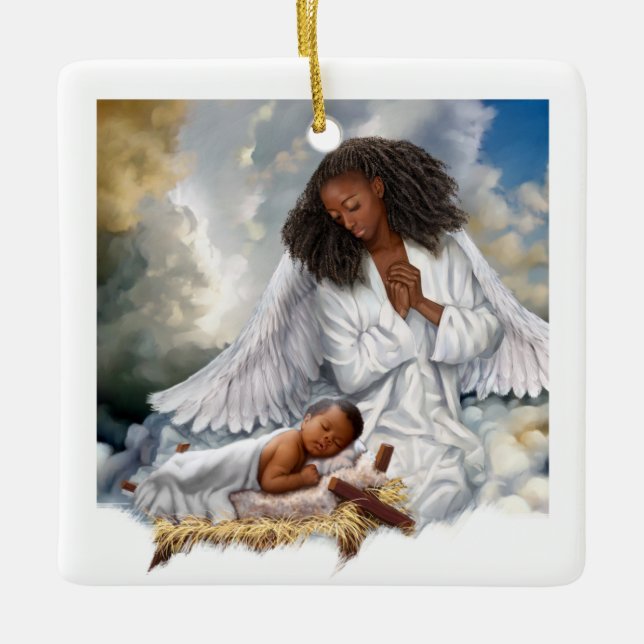 Afro Angel and Baby Jesus Christmas Ornaments (Front)
