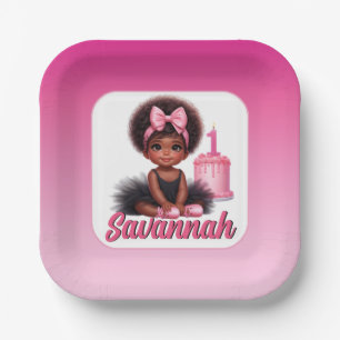 Afro Baby Girl Pink & Black Tutu 1st Birthday Paper Plate