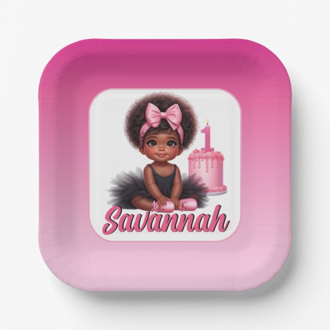 Afro Baby Girl Pink & Black Tutu 1st Birthday Paper Plate (Front)