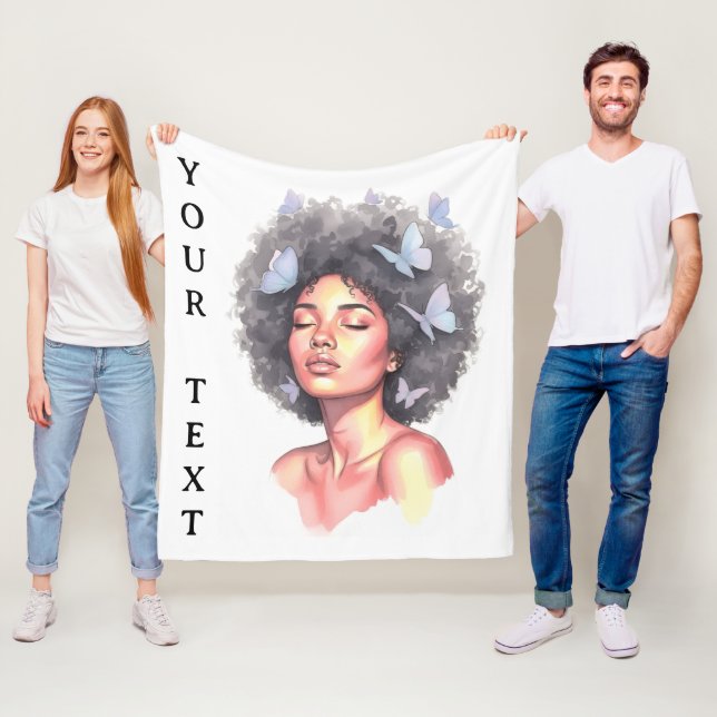 Afro Beauty with Butterflies – Watercolor Portrait Fleece Blanket (In Situ)
