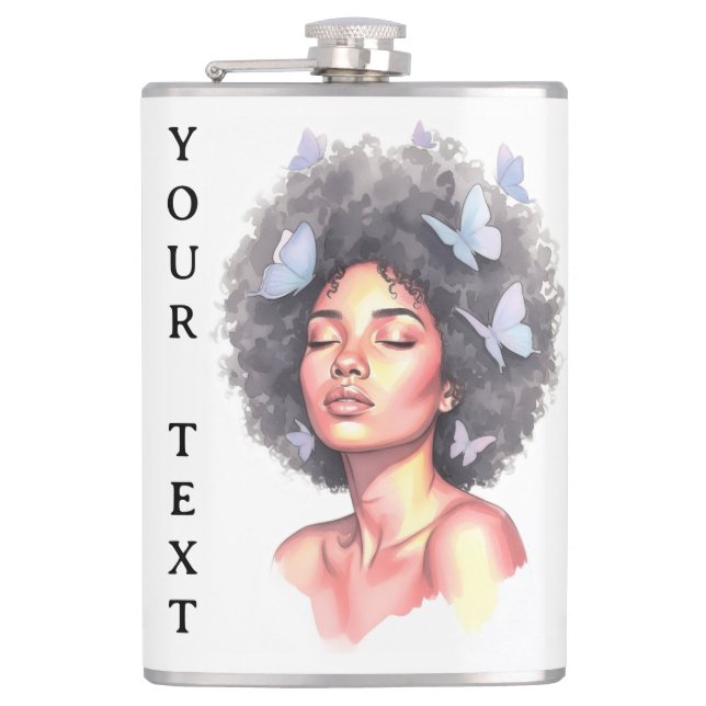 Afro Beauty with Butterflies – Watercolor Portrait Hip Flask (Front)