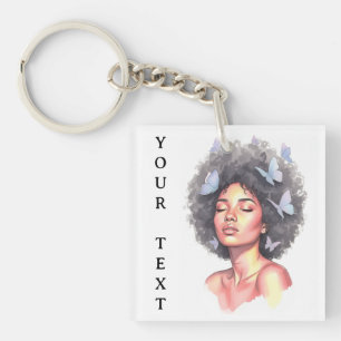 Afro Beauty with Butterflies – Watercolor Portrait Key Ring