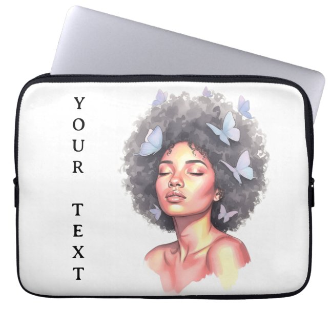 Afro Beauty with Butterflies – Watercolor Portrait Laptop Sleeve (Front)